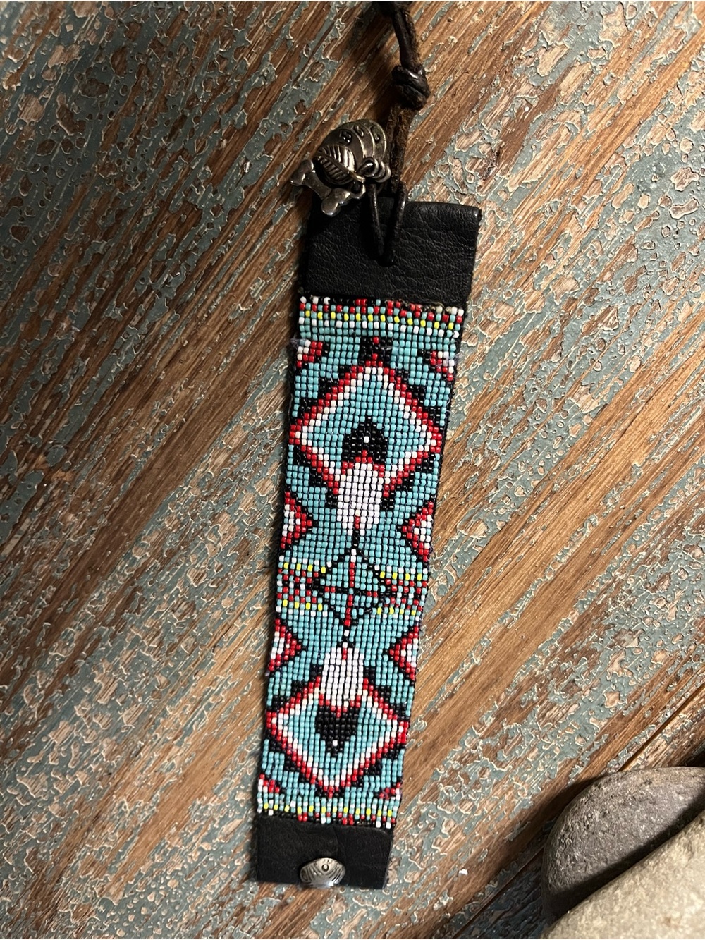 Beaded Turquoise & Red Navajo style on black leather, accent beads
